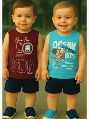 Boy Baby Cotton Sleeveless T-Shirt Combo - Maroon & Turquoise