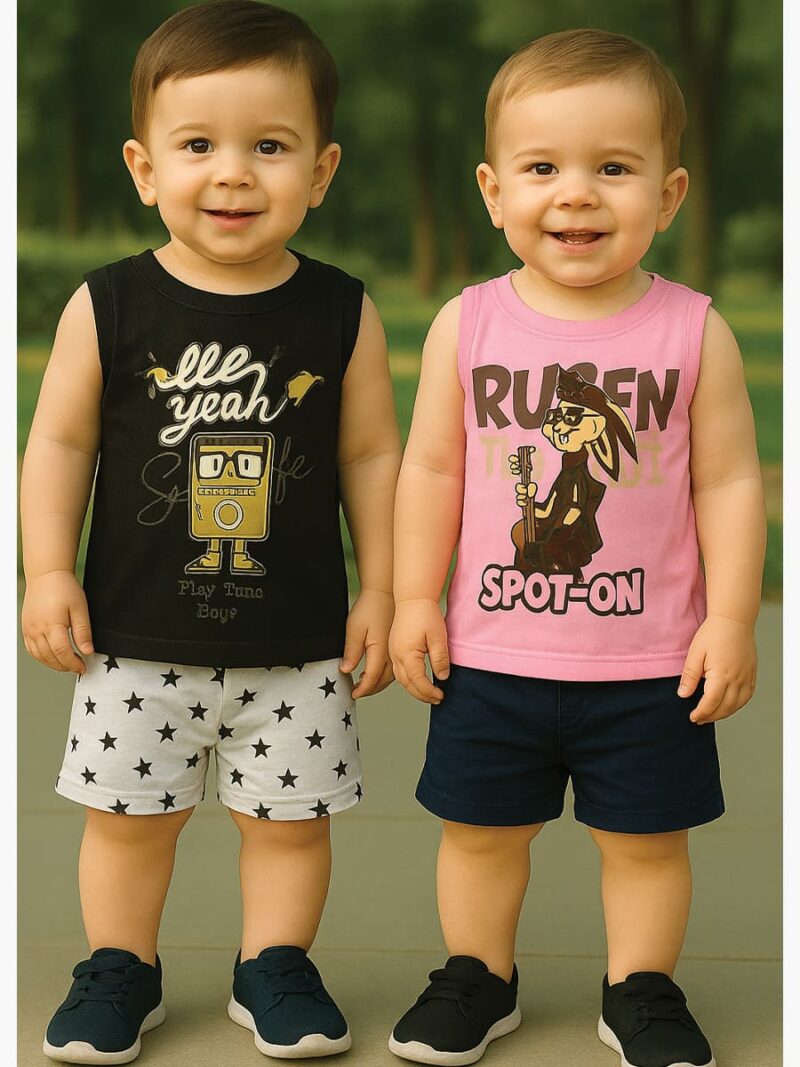 KB-IKON-02-PK-BK-12M-18M-01 Boy Baby Cotton Sleeveless T-Shirt Combo (Black & Pink)