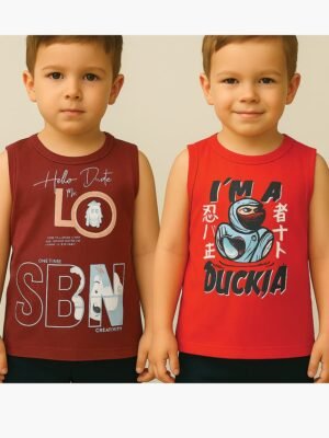 Boy Baby Cotton Sleeveless T-Shirt Combo - Maroon & Red