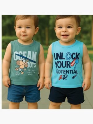 Boy Baby Cotton Sleeveless T-Shirt Combo - Seafoam Green & Sky Blue