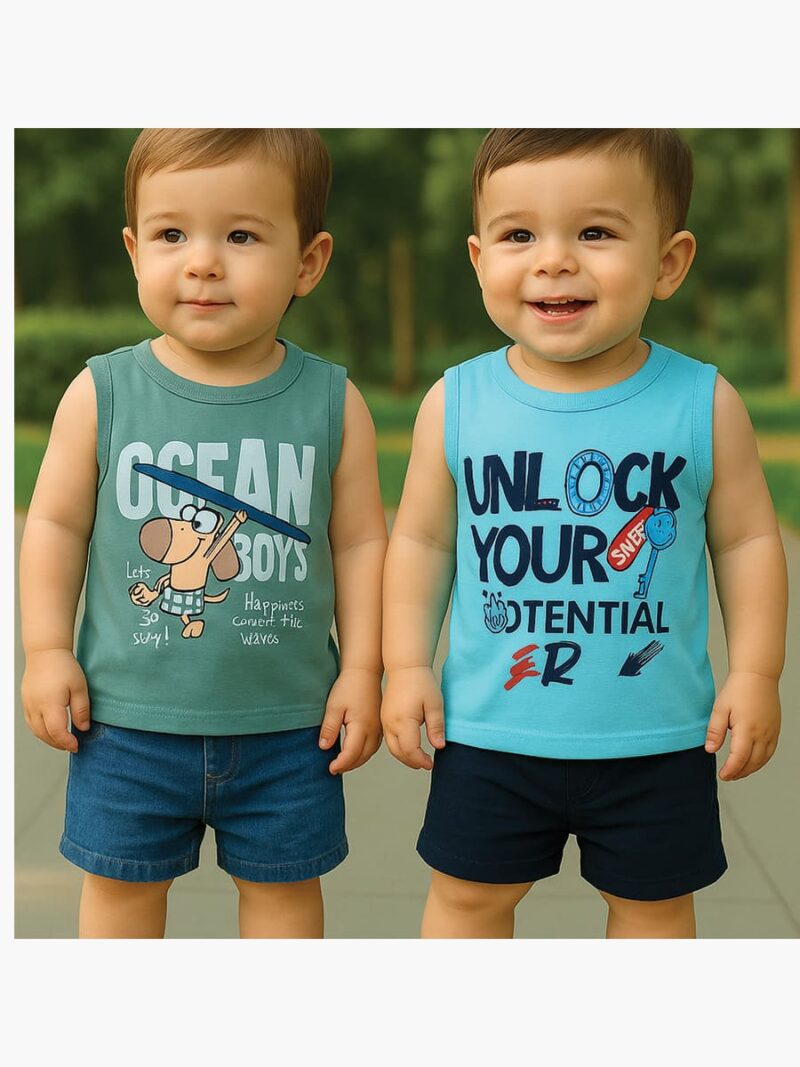 KB-IKON-02-SG-SB-12M-18M-02 Boy Baby Cotton Sleeveless T-Shirt Combo - Seafoam Green & Sky Blue