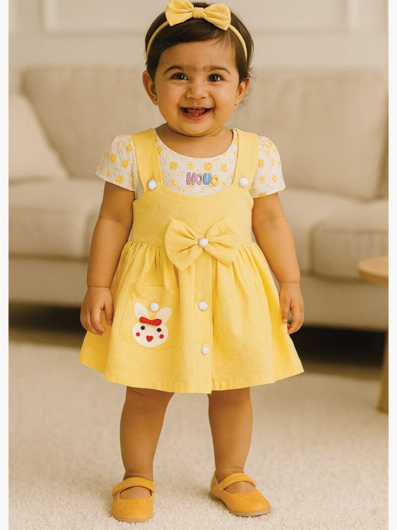 KG-HELLO-01-YL-1Y-03-F Baby Girl Cotton Frock Dress - Yellow