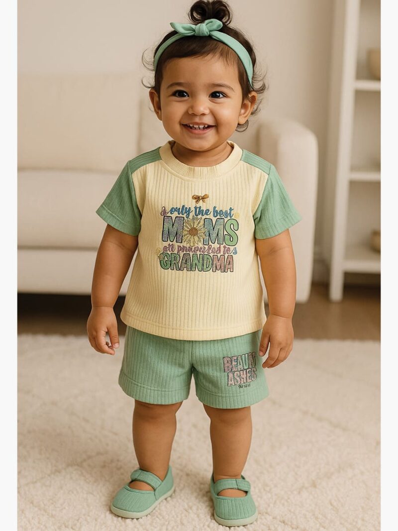 KG-R.K-01-SG-1-2Y-01-B-F kids Popcorn Co-ord Set in Cream & Seafoam Green
