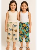 GIRLS Cotton Printed Capri Pants -Green & Cream