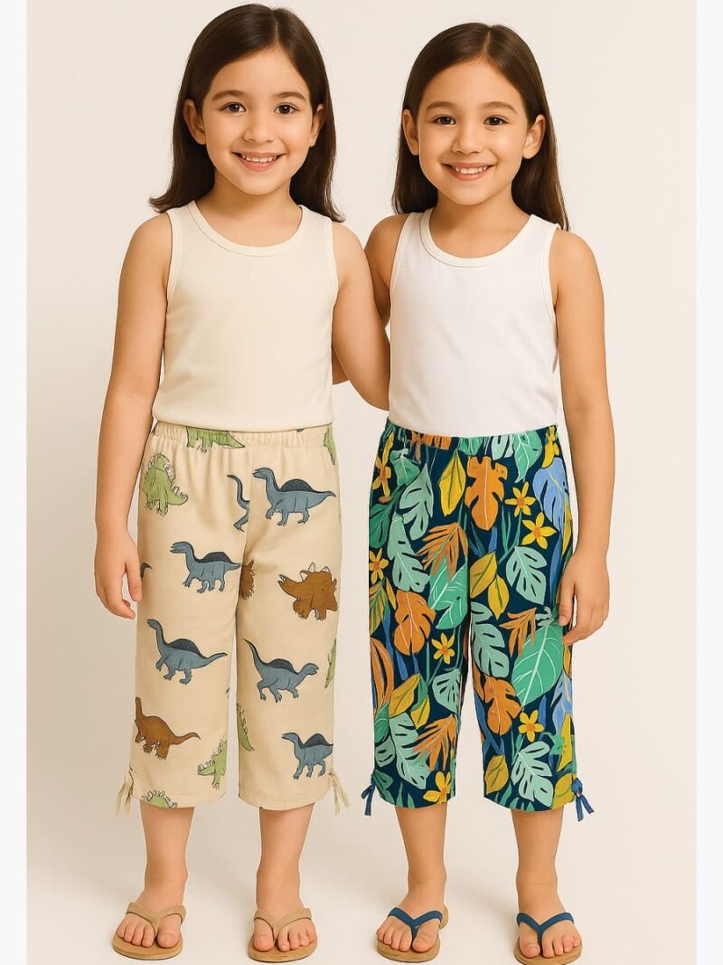 GIRLS Cotton Printed Capri Pants -Green & Cream