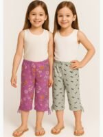 GIRLS Cotton Printed Capri Pants - Gray & Fuchsia
