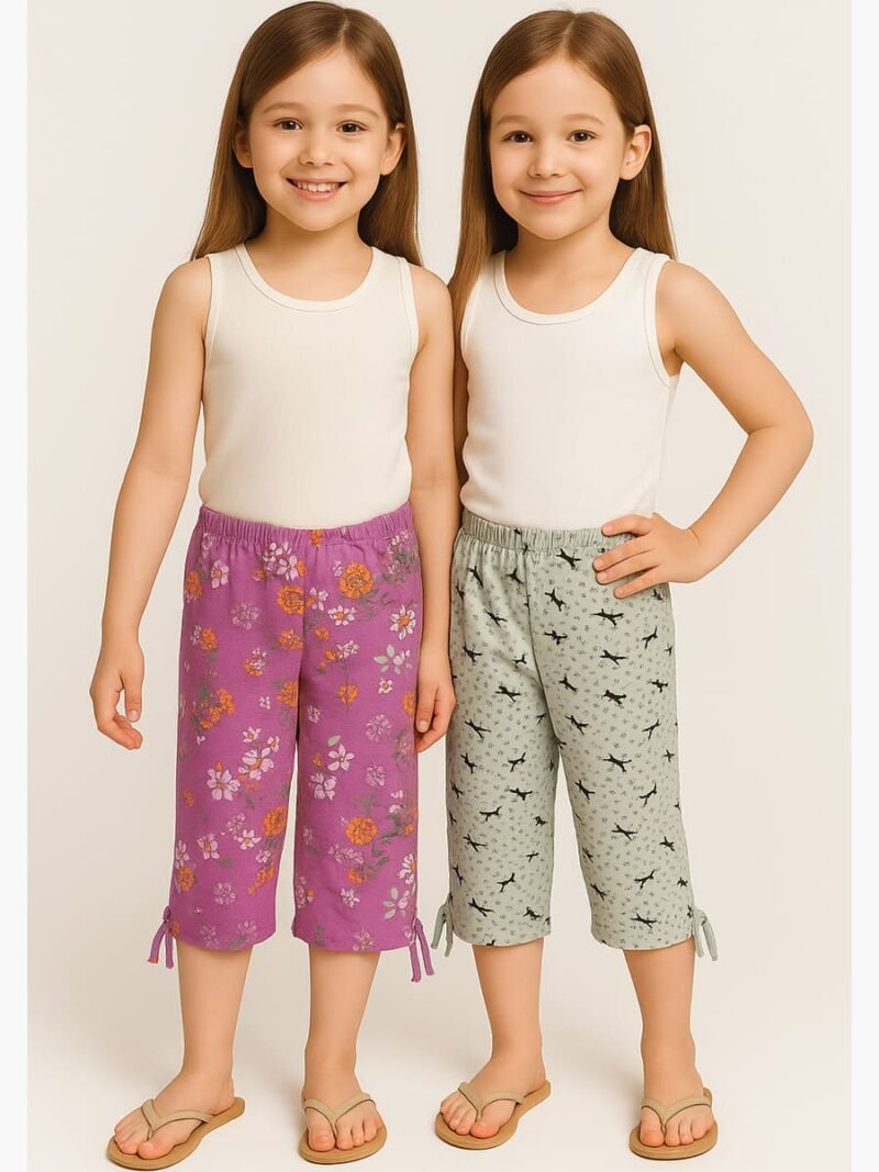 GIRLS Cotton Printed Capri Pants - Gray & Fuchsia