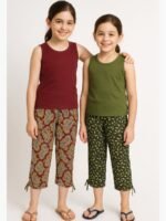 KPJ-WP-01-OG-MR-L-01 GIRLS Cotton Printed Capri Pants - Maroon & Olive Green