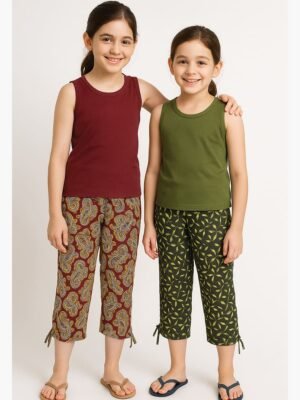 GIRLS Cotton Printed Capri Pants - Maroon & Olive Green