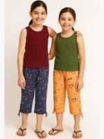 KPJ-WP-01-PC-NB-L-03 GIRLS Cotton Printed Capri Pants -Navy Blue & Peach