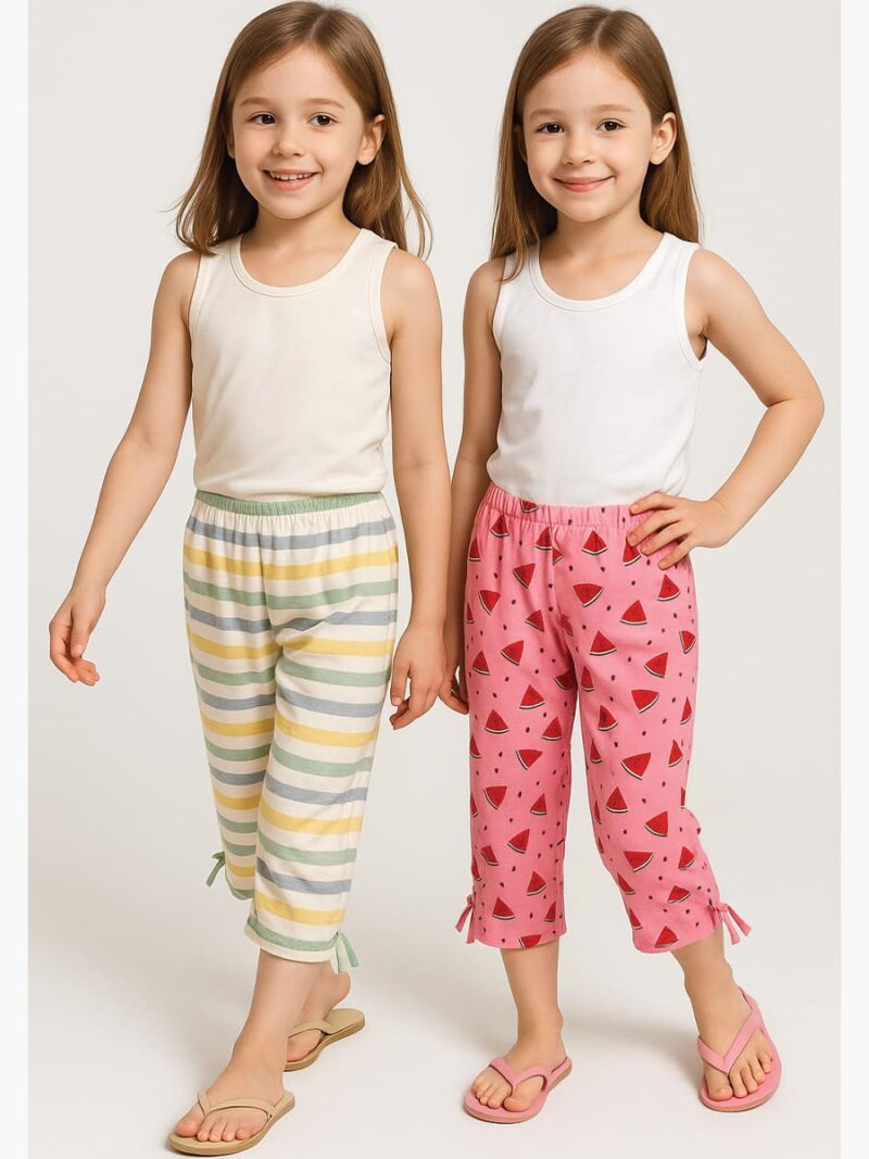KPJ-WP-01-PK-OW-L-04 GIRLS Cotton Printed Capri Pants - Pink & Off White