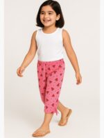 PK GIRLS Cotton Printed Capri Pants - Pink & Off White