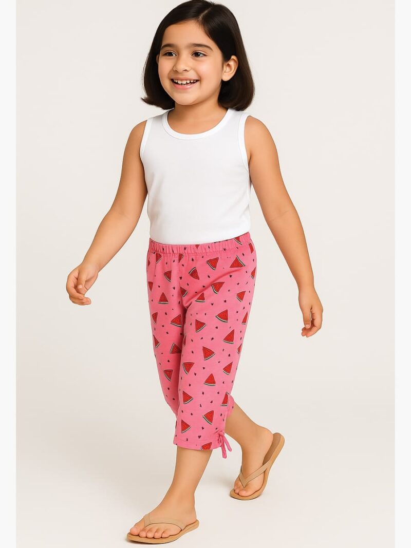 GIRLS Cotton Printed Capri Pants - Pink & Off White