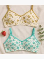 WB-FLOWER-01-OG-TQ-XXS-02 Women's Cotton Floral Printed Bra, 2 Pc Pack - Olive Green , Turquoise