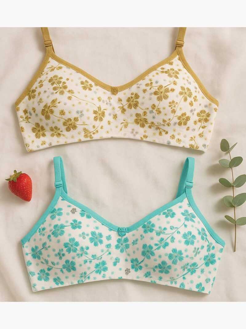 WB-FLOWER-01-OG-TQ-XXS-02 Women's Cotton Floral Printed Bra, 2 Pc Pack - Olive Green , Turquoise