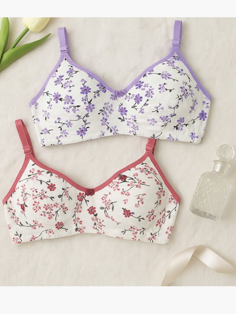 WB-FLOWER-02-MV-TC-L-01 Women's Cotton Floral Printed Bra, 2 Pc Pack - Mauve , Terracotta