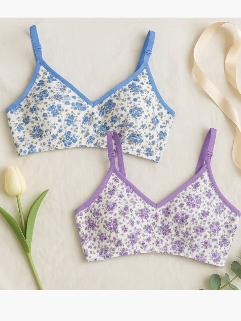 WB-FLOWER-03-BL-MV-XL-03 Women's Cotton Floral Printed Bra, 2 Pc Pack - Blue , Mauve
