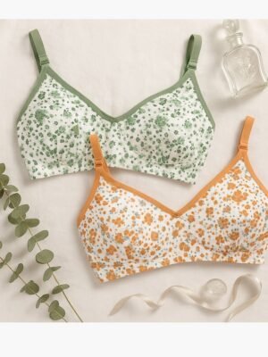 Women's Cotton Floral Printed Bra, 2 Pc Pack - Olive Green , Orange