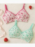 Women's Cotton Floral Printed Bra, 2 Pc Pack - Pink , Turquoise