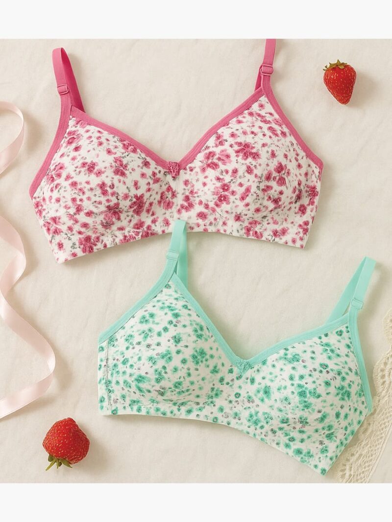 Women's Cotton Floral Printed Bra, 2 Pc Pack - Pink , Turquoise