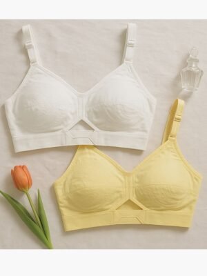 Women's Cotton Non-Padded Round Stitch Bra 2Pc Pack -White & Cream