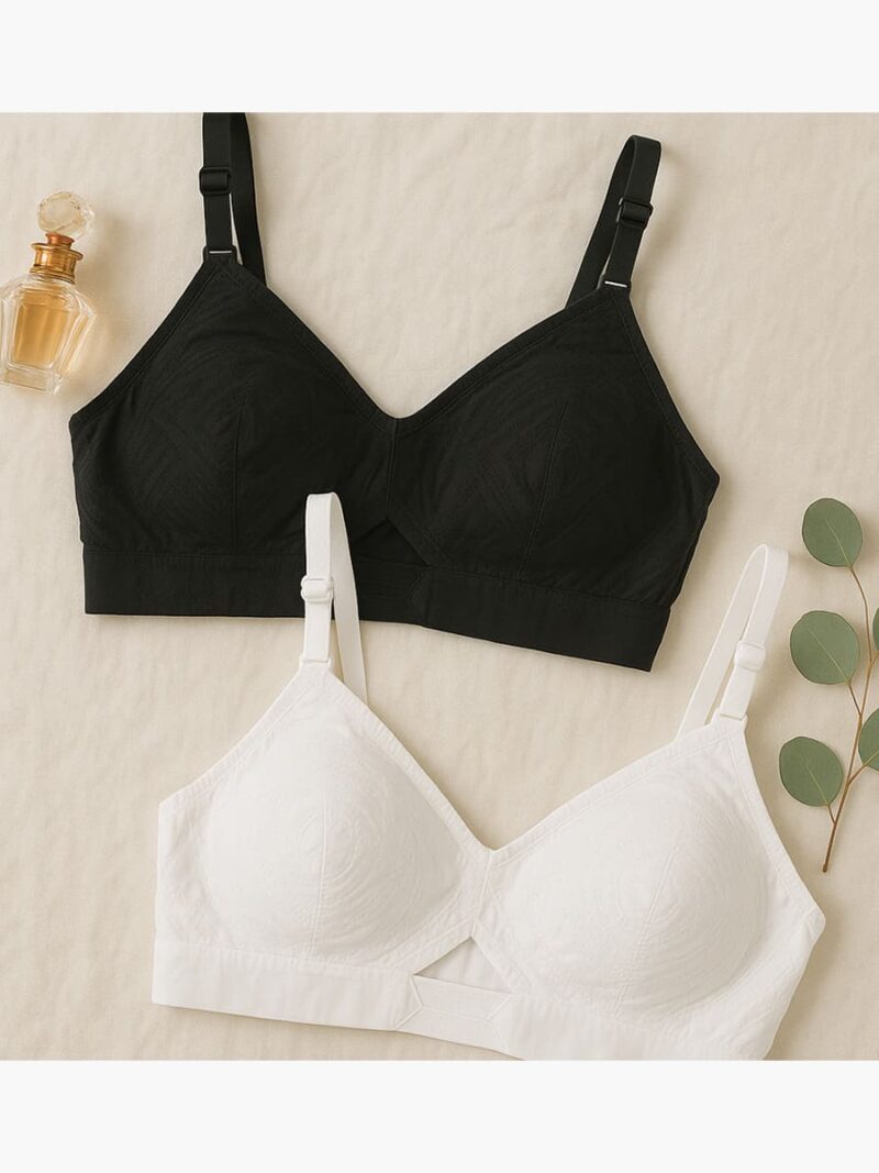 Women's Cotton Non-Padded Round Stitch Bra 2Pc Pack - White & Black