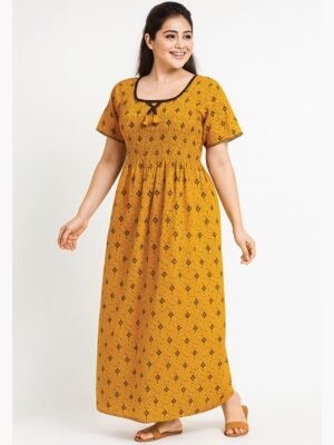 Women’s Cotton Printed Nighty – Mustard Yellow