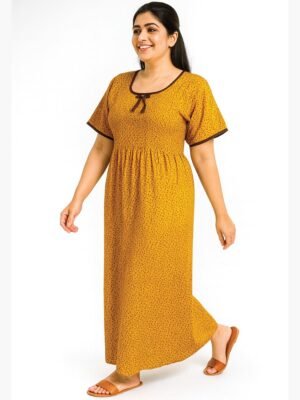 Women’s Cotton Printed Nighty – Mustard Yellow