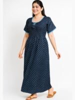Women’s Cotton Printed Nighty – Navy Blue