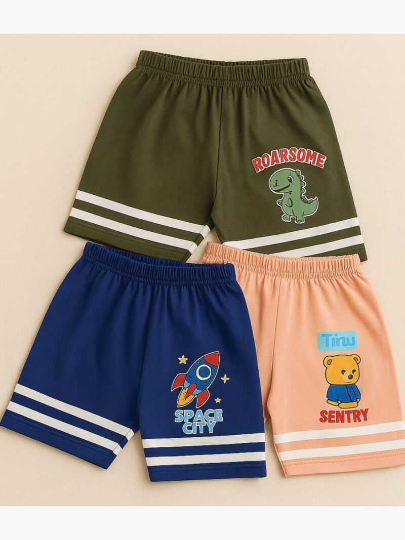 Boys Cotton Shorts 3-Pack - Olive Green , Peach , Navy Blue