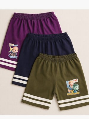 Boys Cotton Shorts 3-Pack - Olive Green ,Navy Blue ,Cerise