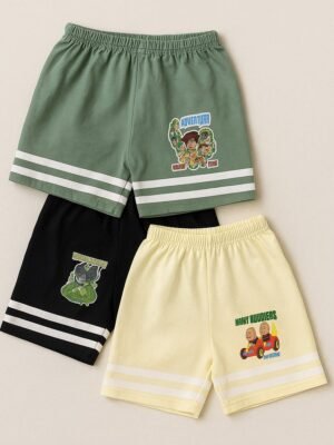 Boys Cotton Shorts 3-Pack - Seafoam Green , Black , Ivory