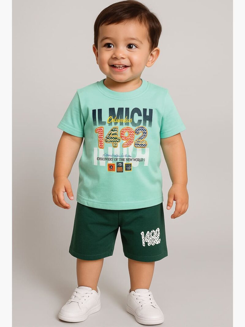 KBT-SET-LOVIKA-01-GR-TQ-2-3Y-02-F Boys Cotton T-Shirt & Shorts Set – Green & Turquoise