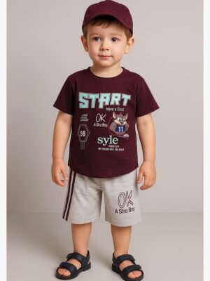 Boys Cotton T-Shirt and Shorts Set – Burgundy
