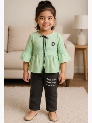 KIDS Cotton Top & Black Pant Set – Mint Green