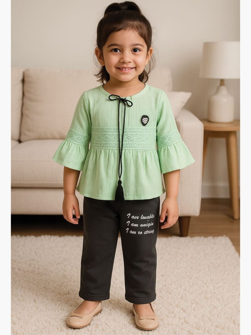 KG-SET-HELLO KITTY-01-MG-3Y-02-F KIDS Cotton Top & Black Pant Set – Mint Green