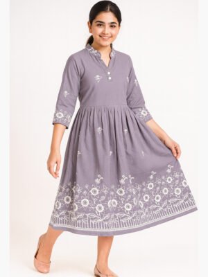 Girl's Rayon Embroidered Flared Dress – Mauve