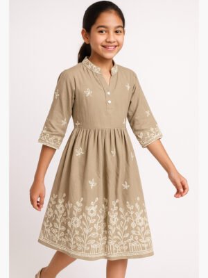 Girl's Rayon Embroidered Flared Dress –Tan