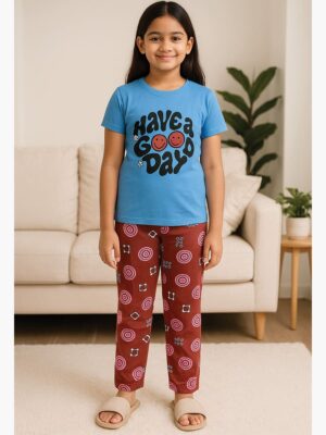 Girls Cotton Printed Night Suit Set - Blue