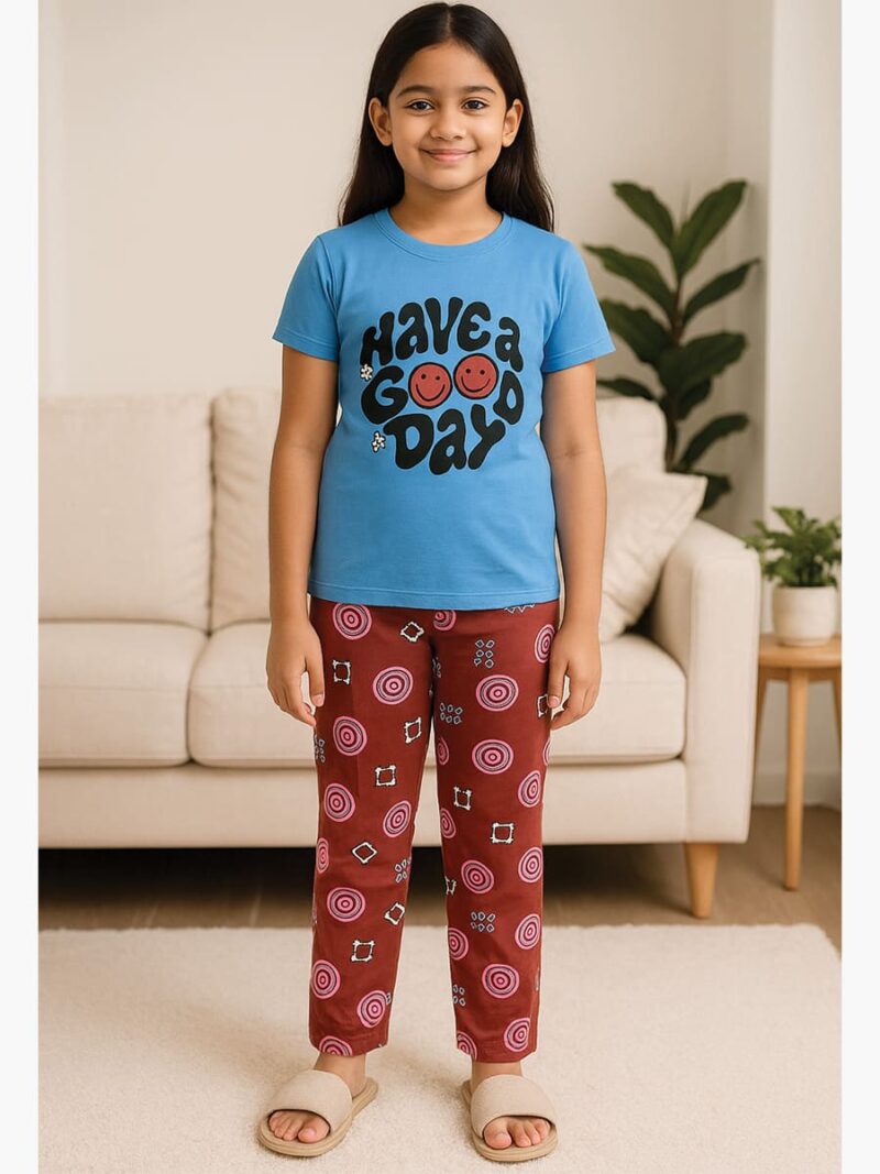 KNS-SABBNA-01-BL-2-3Y-06T-F Girls Cotton Printed Night Suit Set - Blue