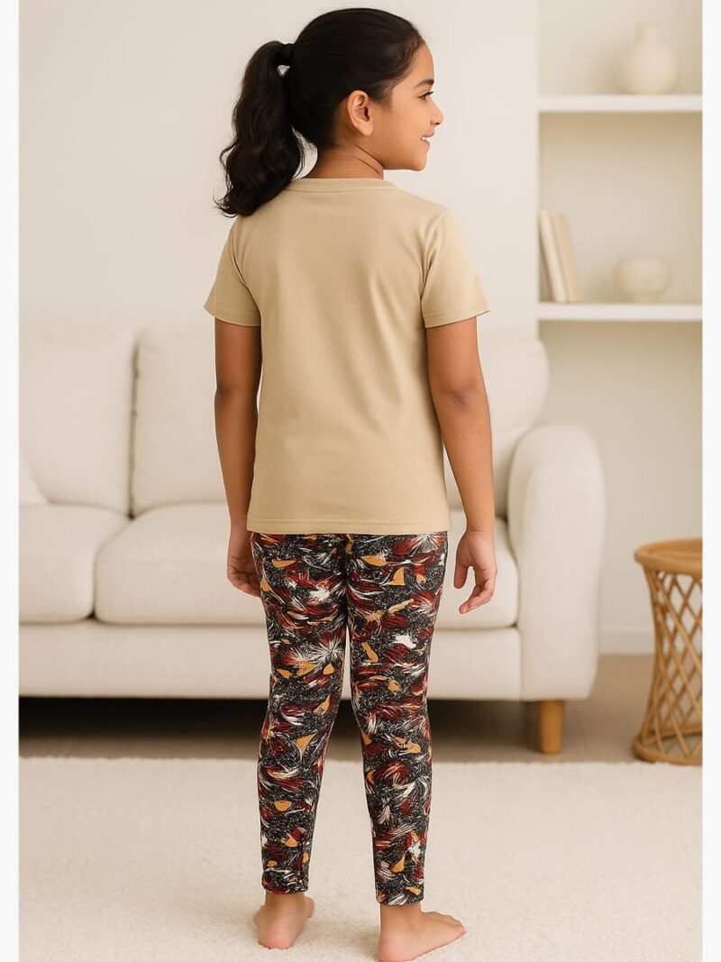 Girls Cotton Printed Night Suit Set -Cream