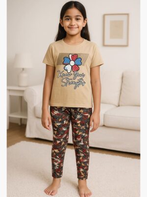 Girls Cotton Printed Night Suit Set -Cream