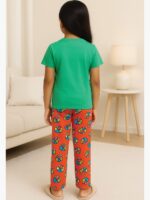 Girls Cotton Printed Night Suit Set - Green