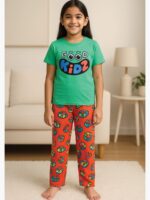 Girls Cotton Printed Night Suit Set - Green