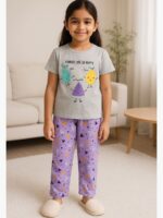 Girls Cotton Printed Night Suit Set - Gray