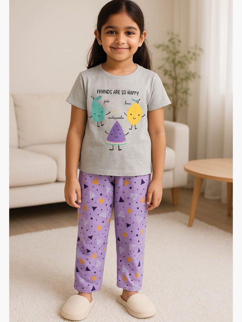 Girls Cotton Printed Night Suit Set - Gray