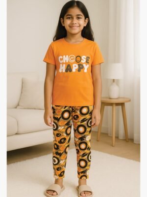 Girls Cotton Printed Night Suit Set - Orange