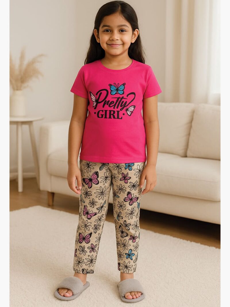 KNS-SABBNA-01-RBY-2-3Y-08-T-F Girls Cotton Printed Night Suit Set -Raspberry