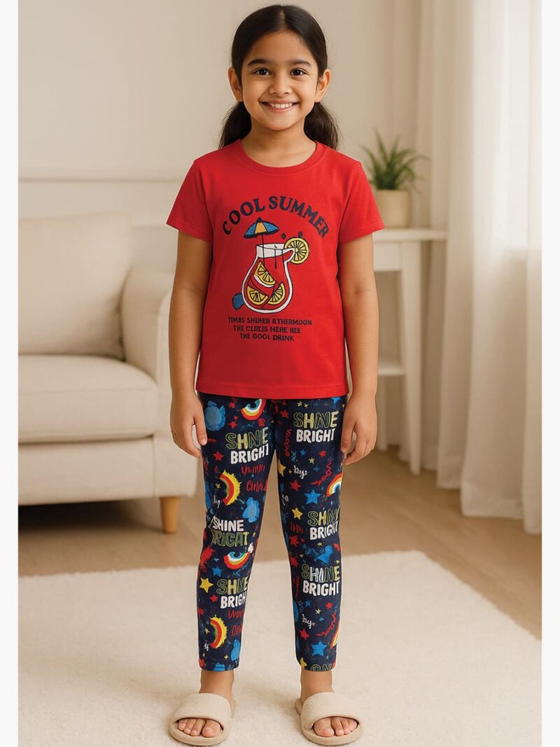KNS-SABBNA-01-RD-2-3Y-05-T-F Girls Cotton Printed Night Suit Set -Red