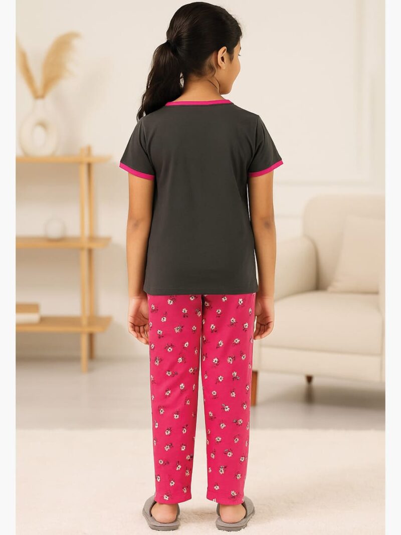 Girls Cotton Printed Night Suit Set - Black